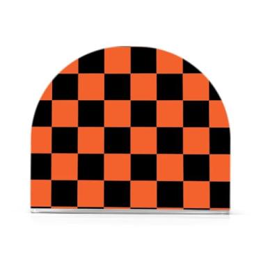 Imagem de JUZIHAI Suporte de guardanapo laranja preto quadriculado para mesa dispensador de guardanapo de acrílico suporte de lenços independente de mesa para cozinha sala de jantar bar festa decoração de casa