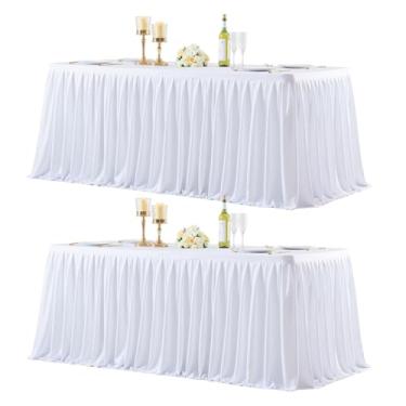 Imagem de Saia de mesa branca para mesas retangulares de 2,7 m, saia de mesa para professores, sala de aula, babados, tecido de poliéster, saias de mesa para chá de bebê, festa de aniversário, formatura
