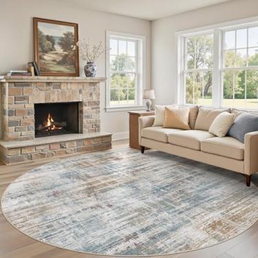 Imagem de Tapete redondo de 2,4 m para sala de estar: 20 x 20 lavável neutro abstrato moderno tapete antiderrapante resistente a manchas para quarto, sala de jantar, escritório, berçário - azul marrom