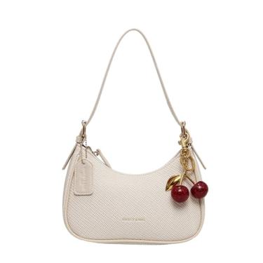 Imagem de SweatyRocks Bolsas de ombro femininas de couro com alça superior pequenas bolsas axilas com pingente de cereja, Bege, One Size