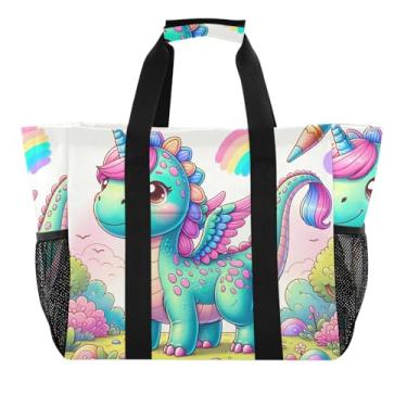 Imagem de ODAWA Sacola masculina fofa de dinossauro com desenho animado de unicórnio, bolsa de ginástica estética para mulheres com alças abertas, Lindo desenho animado dinossauro unicórnio, One Size