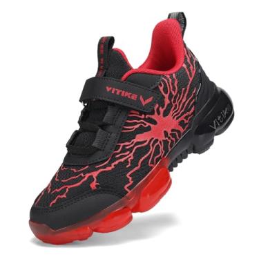 Imagem de VITUOFLY Tênis de corrida infantil para meninos e meninas de malha para treinamento interno leve para esportes ao ar livre tênis esportivo para crianças pequenas/grandes, Preto/Vermelho-8292, 15
