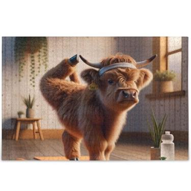 Imagem de Highland Cow Bezerro Yoga Animal Puzzles 500 Peças para Adultos Família Amantes Presentes Personalizado Natureza Grande Quebra-cabeça Jogo de Arte, 52 cm x 37,8 cm