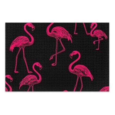 Imagem de Quebra-cabeça 500 peças para adultos presentes engraçados de jogos de quebra-cabeça rosa flamingos preto rígido quebra-cabeça animal arte decoração, 50 x 35 centímetros