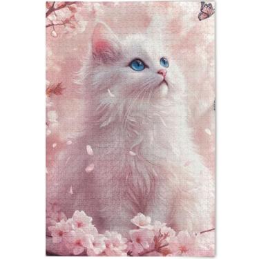 Imagem de Quebra-cabeça de gato branco flor de cerejeira rosa personalizado 500 peças quebra-cabeça adulto engraçado legal Prime decoração de arte animal, 52 cm x 37,8 cm