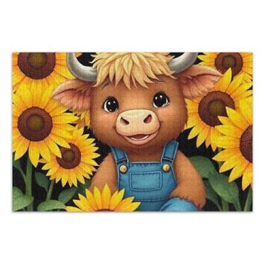 Imagem de Quebra-cabeça de 500 peças para adultos família amantes presentes exclusivos quebra-cabeça presentes animais arte colorida desenho animado bonito highland girassol, 51 x 35 centímetros