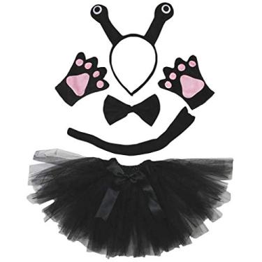Imagem de Petitebella Bandana preta de caracol com laço e cauda luvas tutu 5 peças fantasia feminina 1-8 anos (preto, 1-4 anos)