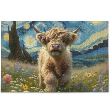 Imagem de Quebra-cabeças fofos de vaca Highland para adultos, noite estrelada, 1000 peças, arte floral animal, quebra-cabeças exclusivos para adultos, presentes personalizados para amantes de quebra-cabeças, 75
