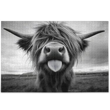 Imagem de Quebra-cabeça personalizado Highland Cow preto branco engraçado para adultos 500 peças presentes de jogo de quebra-cabeça para família Prime Puzzles impressão de arte animal, 52 cm x 37,8 cm