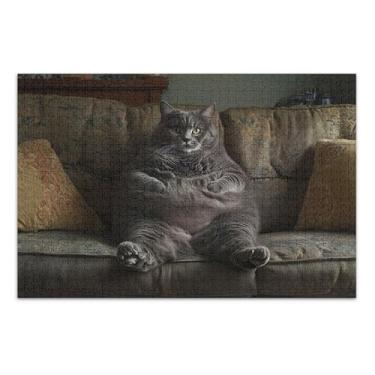 Imagem de Quebra-cabeça adulto 1000 peças presentes masculinos engraçados pintura artística única gato cinza gordo engraçado, 75 x 40 cm