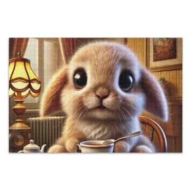 Imagem de Jigsaw 1000 quebra-cabeças para adultos adorável coelho hora do chá animal arte floral quebra-cabeça rígido para adultos jogos de quebra-cabeça engraçado, 75 x 40 centímetros