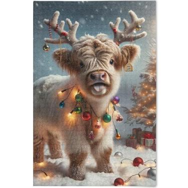 Imagem de Highland Cow Quebra-cabeças de Natal inverno 1000 peças presentes de jogo de família amigos adultos legal grande quebra-cabeça brinquedo de arte, 75 cm x 50 cm