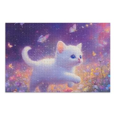 Imagem de Quebra-cabeça adulto 500 peças Starlight Prado Gato Fofo Elefante Branco Presentes de Festa Difícil Quebra-cabeça Família Flor Pintura Animal, 20,5 x 14,9 polegadas