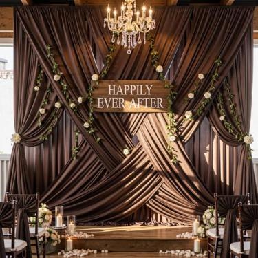 Imagem de Cortina de fundo marrom sem rugas, 6 m x 3,7 m, 4 painéis de 3,5 m de altura, pano de fundo de poliéster sedoso para fotos de aniversário, pano de fundo de festa