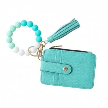 Imagem de Carteira feminina Boho com contas de pulso – Porta-cartões com estampa floral com borla, pulseira de contas de silicone, porta-chaves com zíper e porta-moedas para identidade para mulheres, Verde