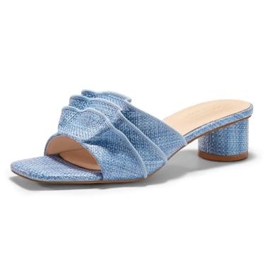 Imagem de Coutgo Sandálias femininas Raffia de salto baixo grossas quadradas bico aberto mules babados sem cadarço verão sapatos sociais, Azul ráfia, 36
