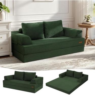 Imagem de COMAX Sofá-cama Futon, sofá-cama dobrável conversível, sofá desossado, sofá de veludo cotelê com travesseiros, pequeno sofá dobrável confortável para sala de estar, quarto, verde