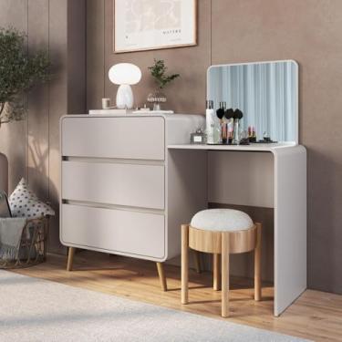 Imagem de Cômoda Penteadeira Multifuncional com Espelho e 3 Gavetas Grande para Quarto Estilo Retrô