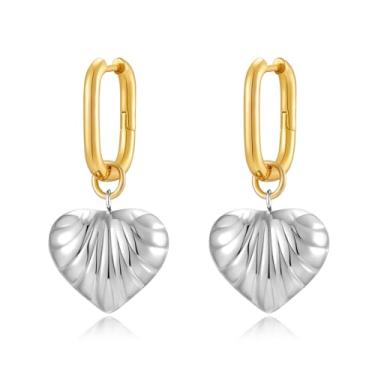 Imagem de MYCUTEY Brincos femininos de coração de dois tons, argola dourada com corações prateados, hipoalergênicos, sem níquel, fofos, brincos de coração, joias de metal misto, presente de Dia dos Namorados