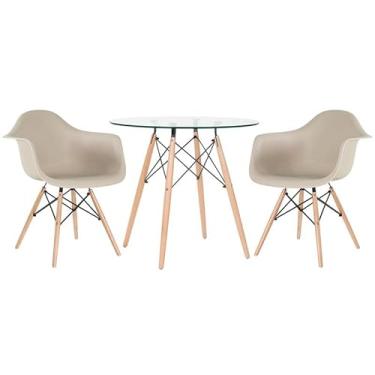 Imagem de Loft7, Kit Mesa Redonda de Vidro Eames 80 cm + 2 Cadeiras Eames Eiffel DAW, Polipropileno, Aço e Madeira, Escritório, Sala de Estar e Sala de Jantar - Nude