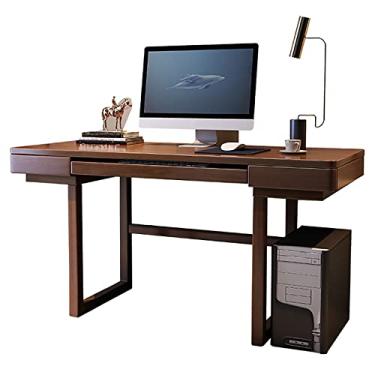 Imagem de U5GAAALPPQ9 Mesa de escritório em casa, mesa de madeira com mesa grande e 2 gavetas, mesa de computador estável, estilo moderno, cor preta e nogueira (cor nogueira 120 x 60 x 75 cm)