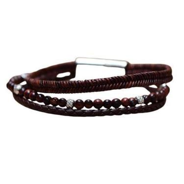 Imagem de Bracelete Aço Couro Marrom Trançado Shamabla Olho De Tigre
