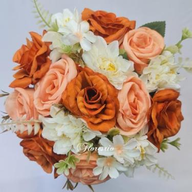 Imagem de Buquê de Noiva Artificial com Flores Coloridas para Casamento Civil ou Religioso(Branco/Terracota/Salmão outono)