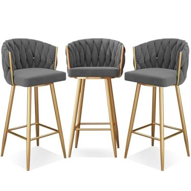 Imagem de Banquetas de bar giratórias modernas de 360°, cadeiras de cozinha estofadas de altura de bar com pernas de aço e apoio para os pés, perna dourada cinza, 3 peças