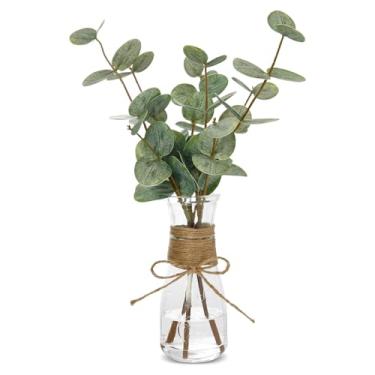 Imagem de Hastes artificiais de eucalipto em vaso de vidro, planta falsa de 35 cm para decoração de casa, peça central, mesa de centro, escritório, banheiro, vasos artificiais de folhas verdes de dupla face