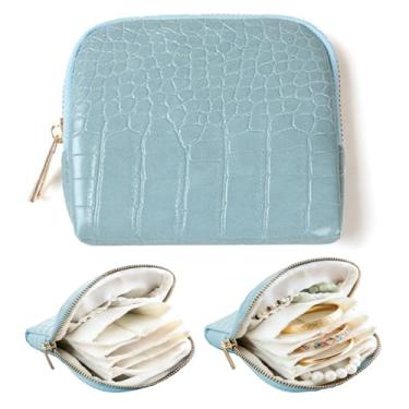 Imagem de Jeonnfp Pequena caixa de joias de viagem, mini bolsa de joias de viagem com zíper de metal liso de veludo organizador de joias estojo de armazenamento para brinco pulseira de cristal anel (azul gelo)