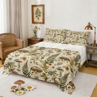 Imagem de Castle Fairy Jogo de cama de cogumelo, folhas botânicas, flores vintage, para crianças, adolescentes e adultos, lençol com elástico, lençol de cima, lençol com elástico, 2 fronhas, tamanho casal, 4