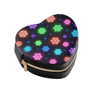 Imagem de Burbuja Caixa de joias em forma de coração de flocos de neve neon mini estojo de joias de viagem para mulheres e meninas, estojo portátil organizador de armazenamento para brincos, anéis, colares e