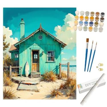 Imagem de Kit de pintura de cabine de praia por números para adultos – Pintura de cabana costeira e prancha de surfe em tela enrolada 40 x 50 cm, conjunto de tinta acrílica, adequado para iniciantes, arte para