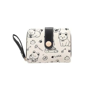 Imagem de Carteira feminina pequena e fofa padrão de gato com zíper para porta-cartões de crédito para dinheiro e moedas, Preto, Bonito