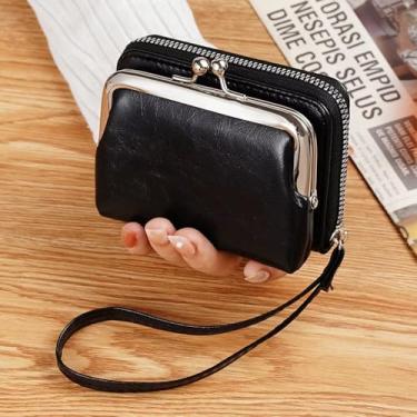 Imagem de Carteira feminina vintage com clipe de zíper | Bolsa de moedas fashion multicartão com ranhura transfronteiriça, Preto, Tendência