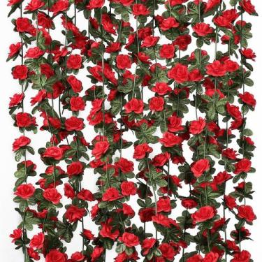 Imagem de Guirlanda de flores artificiais KHOYIME Red Roses Vines 2,45 m - pacot