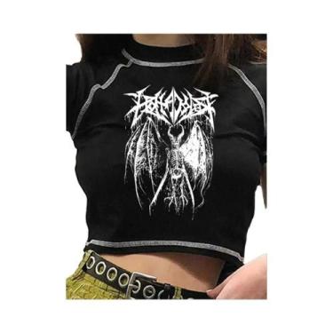 Imagem de Camiseta Feminina Preta Harajuku Retro Coreana Punk Gótica Com Estampa