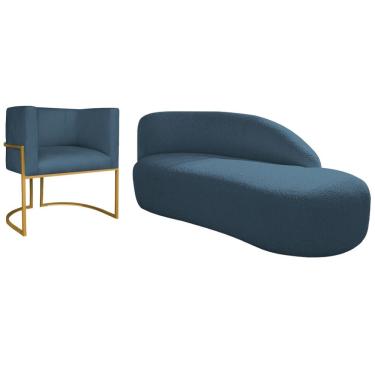 Imagem de Kit Divã Luna 140cm Lado Direito E 01 Poltrona Base De Ferro Dourado Linho Azul Royal
