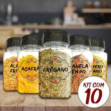 Imagem de Pote Tempero Kit Potes+24 Etiquetas Adesivas Porta Condimento Q170 Titulo 10 Potes+etiqueta Transparente