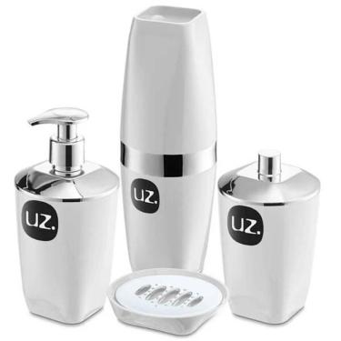 Imagem de Conjunto Banheiro Saboneteira Líquida Porta Algodão Escova de Dente Sabonete em Barra UZ Branca