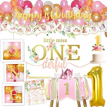 Imagem de Artigos de decoração de aniversário para bebês meninas, decorações de 1º aniversário de menina, decorações de primeiro aniversário de bebê para meninas, caixas de balão de primeiro aniversário, pano de fundo, faixa de cadeira alta, coroa, faixa de foto