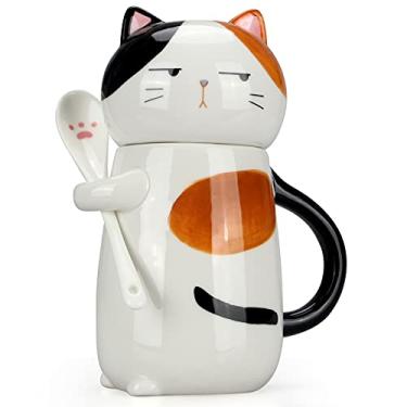 Imagem de Caneca de café grande de cerâmica fofa com tampa e colher copo divertido de gato para mulheres senhoras exclusivo 3D Kawaii gato canecas de café amante mãe presente animal engraçado copos de Natal
