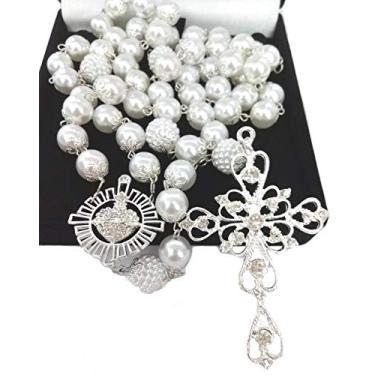 Imagem de Terço De Noiva Banho Prata Perolas Brancas Sagrado Coração