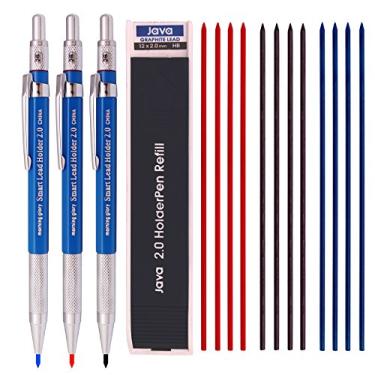 Imagem de Lápis mecânico para caneta de chumbo de 2,0 mm da Morning Glory para desenho, carpinteiro, artesanato, apontador de esboços de arte (pacote com 3 canetas) + (2,0 mm Hb Lead 1 Tubo-Vermelho 4+ Azul 4 + Preto 4 = 12) Embalagem de caixa