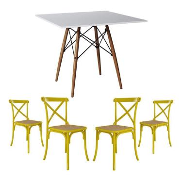 Imagem de Conjunto De Mesa Eiffel Quadrado Tampo De Madeira 90Cm Branco Com 4 Cadeiras Katrina Amarelao