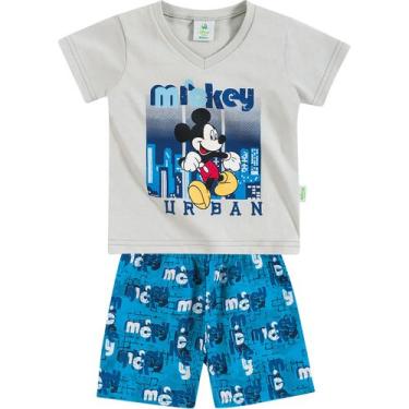 Imagem de Conjunto Bebê Brandili Camiseta e Short - Em Meia Malha e Tricoline - Disney Mickey - Cinza e Azul