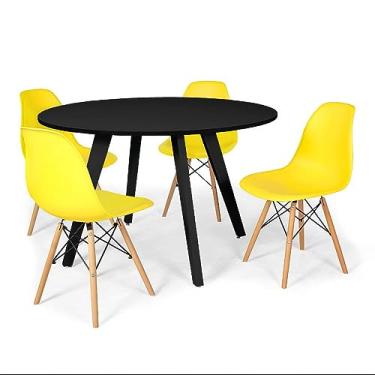 Imagem de Conjunto Mesa de Jantar Redonda Amanda Preta 120cm com 4 Cadeiras Eames Eiffel - Amarelo