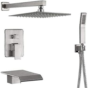 Imagem de Conjunto de torneira misturadora de chuveiro Sistema de chuveiro triplo de 10 polegadas quadradas Chuveiro de chuva Kit completo de chuveiro com bico de banheira em cascata - Níquel escovado