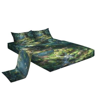Imagem de Eojctoy Jogo de lençol solteiro - Lençóis de cama respiráveis ultra macios - Lençóis escovados de luxo com bolso profundo - microfibra sonhadora estampa de floresta verde enrugada, desbotamento cinza