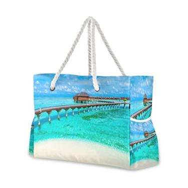 Imagem de Sacolas de praia grandes sacola de lona bolsa de ombro Sealives Sea World Sacos resistentes à água para academia viagens diárias, Linda praia, mar, oceano azul, One Size